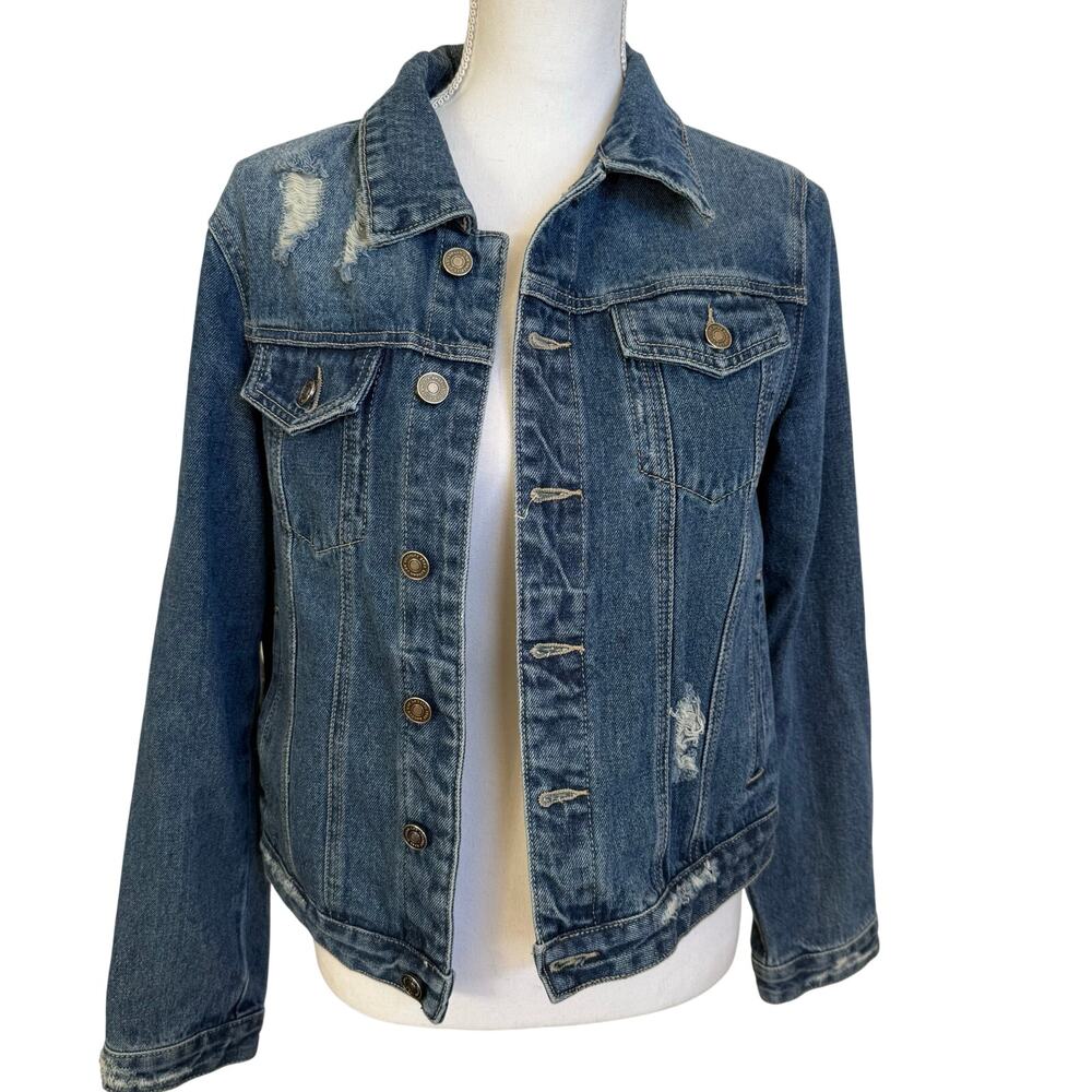 KanCan Denim Jean Jacket Large L Blue Women Trucker Distressed